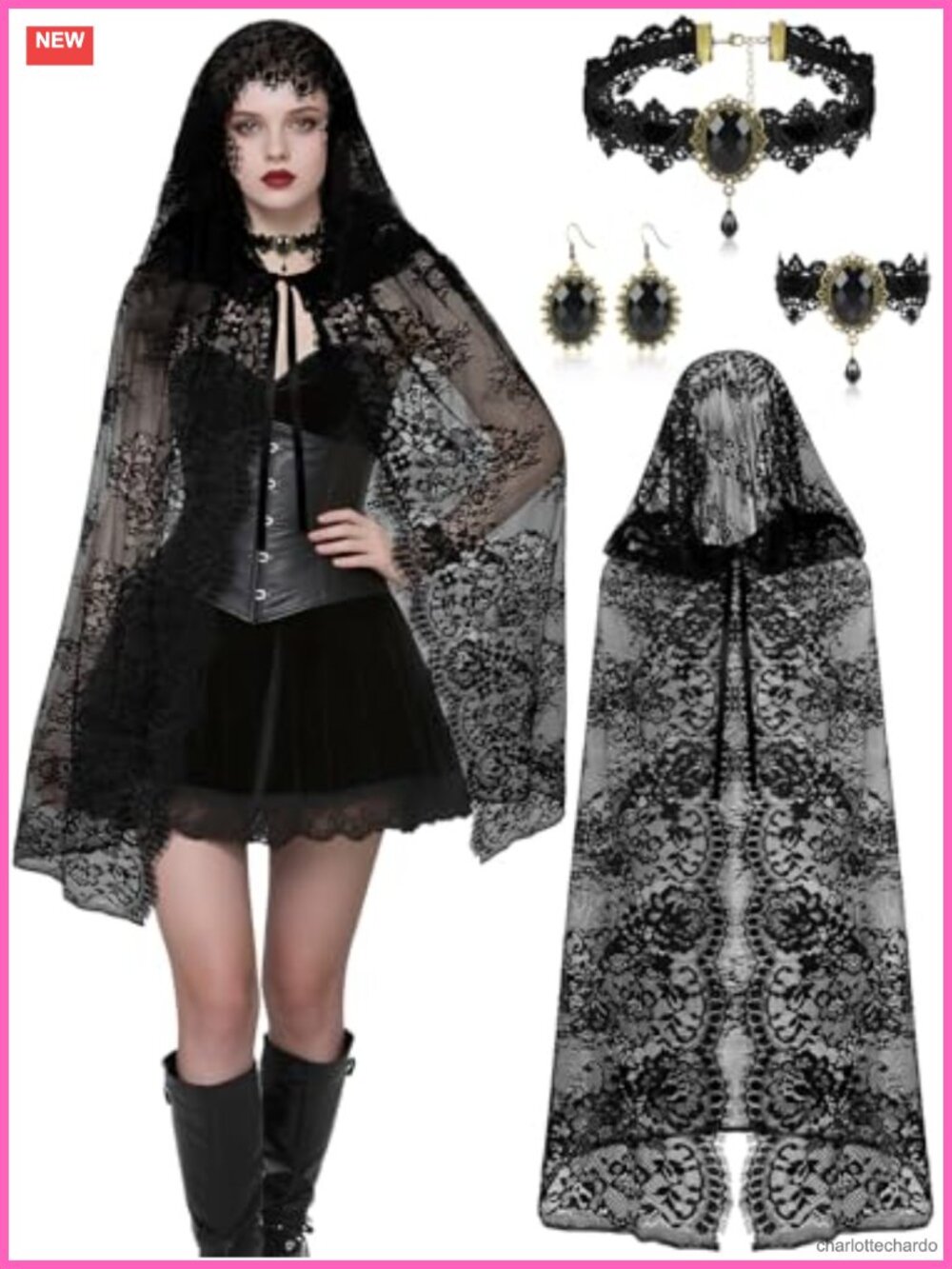 Witch Costume Set Lace Cape Necklace Bracelet Earrings Women Halloween
